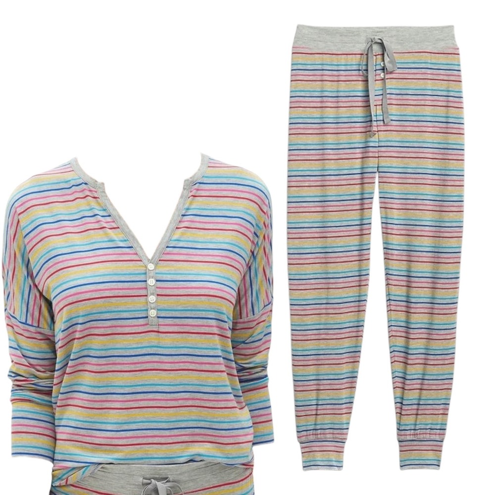 Gap Women Gray Rainbow Crazy Stripe Modal Henley Pajama Set Jogger‎ Pants Medium